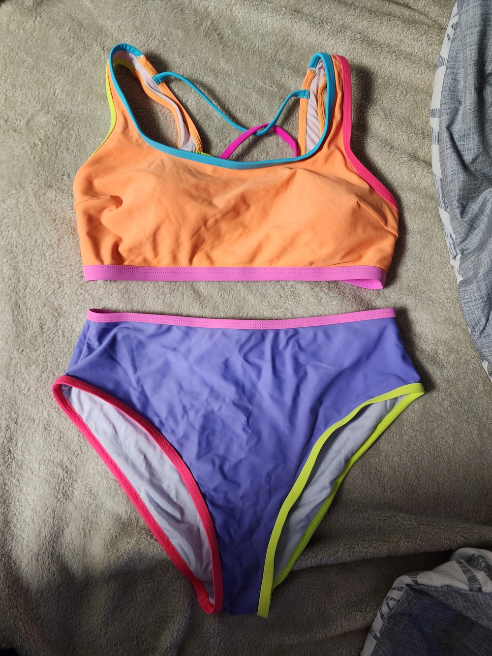 Colorblock High-Waist Bikini Set - Orange & Purple